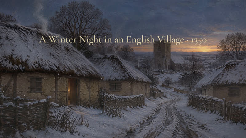 English village at dusk with snow on the thatch