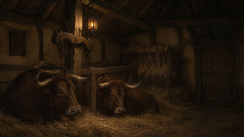 Oxen stabled at the end of a cottage