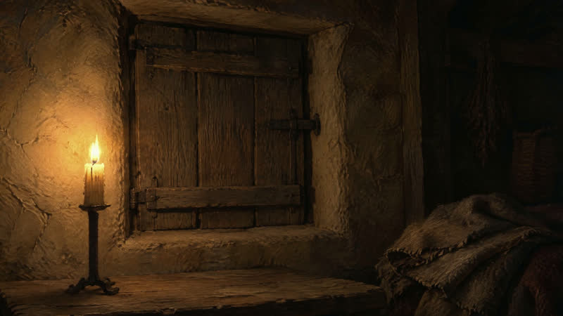 A candle behind a wooden shutter