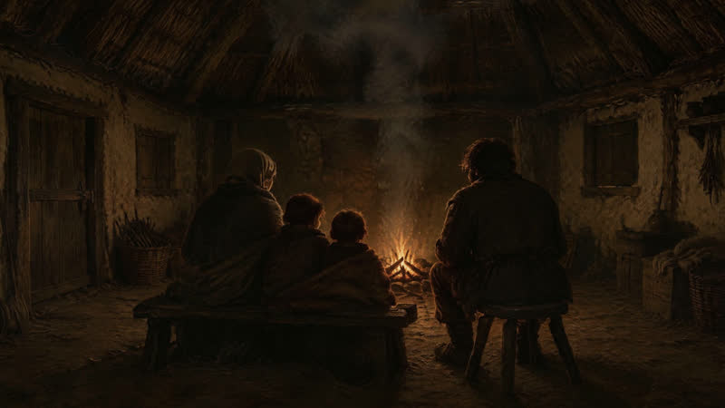 Family by an open central hearth