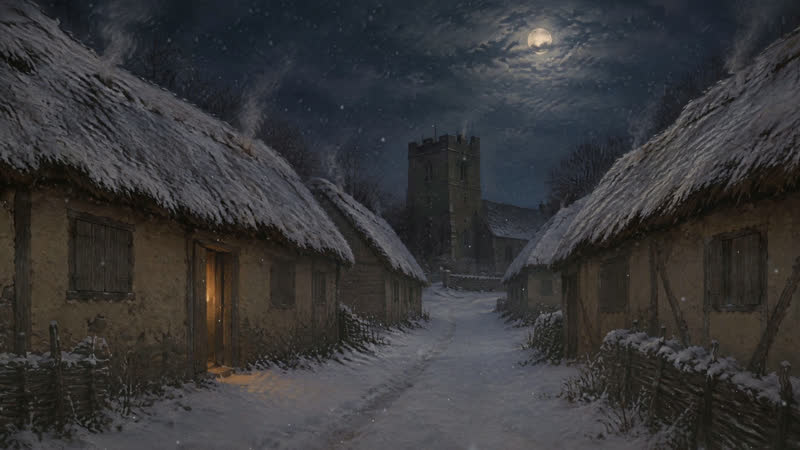 Snowy village lane at night between thatched cottages