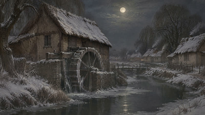 A water mill in winter