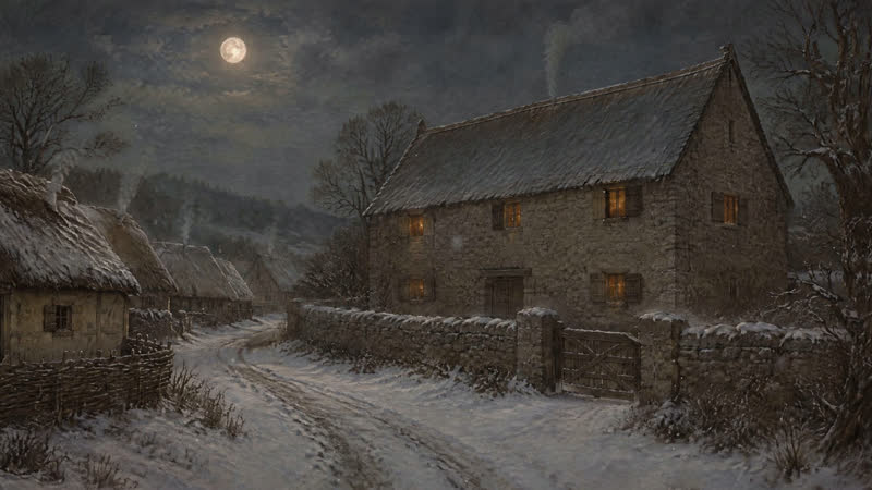 Stone manor house with glowing windows