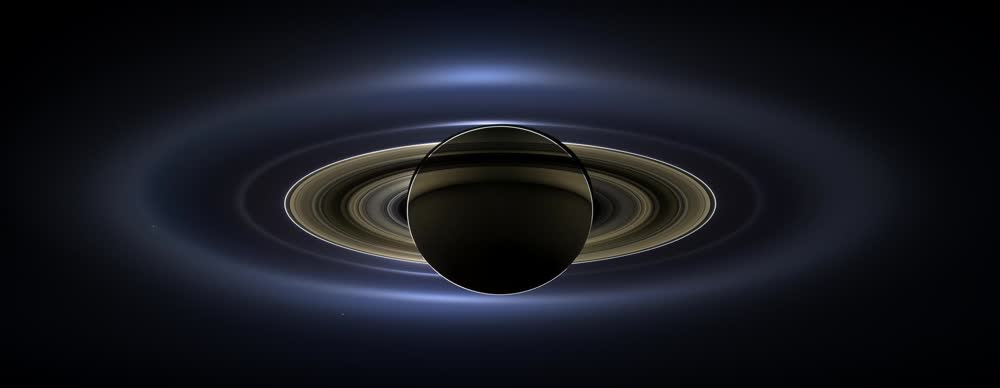Saturn backlit by the Sun, seen from the Cassini spacecraft